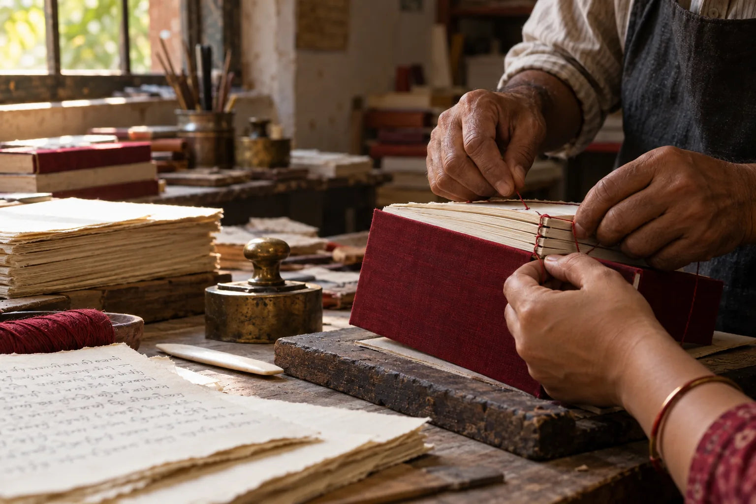 Hands sewing the pages of a cloth-bound book in a bookbinding workshop